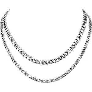 2PCS Cuban Link Chain Set for Men - Gold/Silver Plated Stainless Steel Layered Chain Necklace Non-Tarnish Jewelry Gift 16"/18", 18"/20", 20"/22", 22"/24"