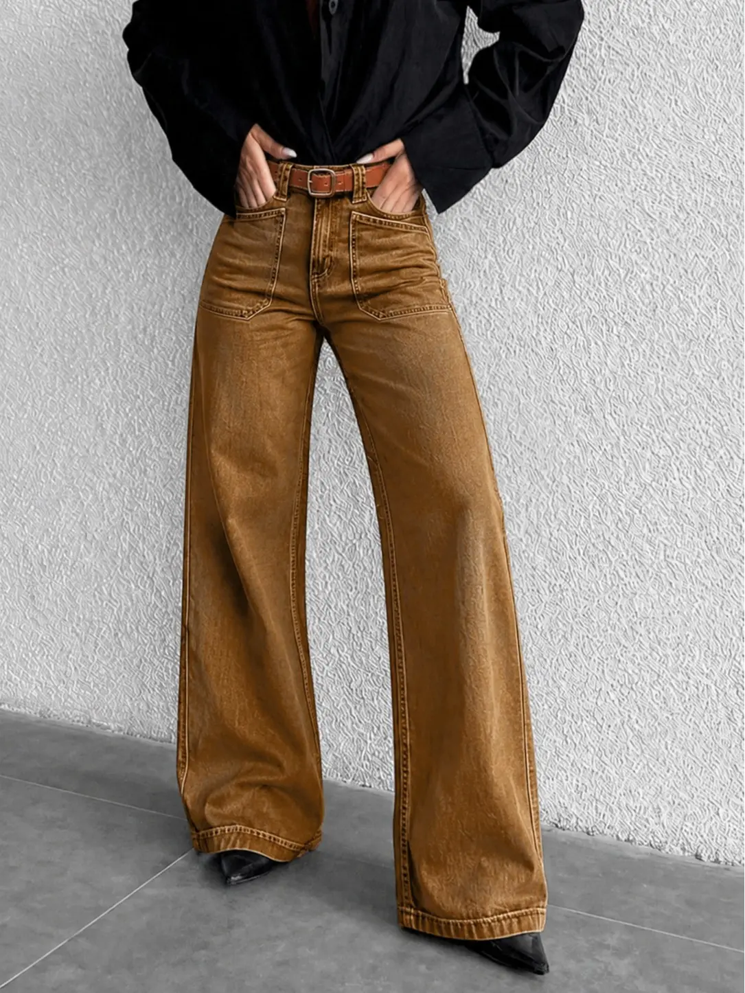 Women's Y2K Retro Caramel Brown High-Rise Wide-Leg Floor-Length Denim Pants, Womenswear Bottom with Patch Pockets & Vintage Washed Finish