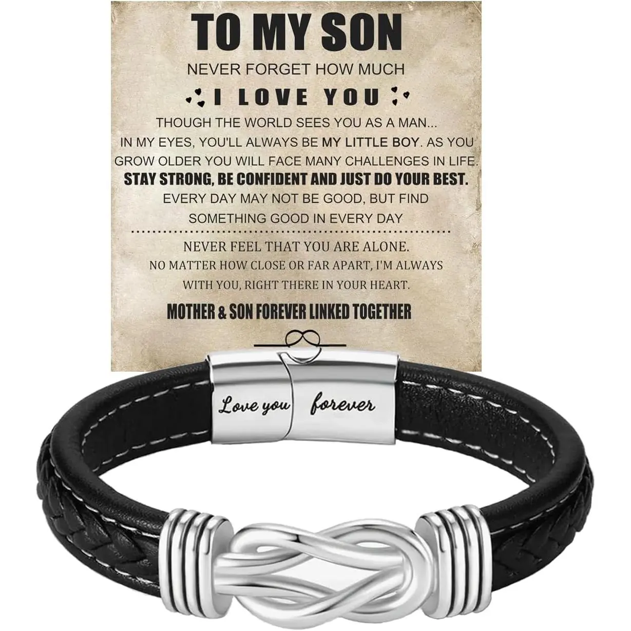 Personalized Son's Infinity Knot Bracelet Gift, To My Son/Grandson Stainless Steel Infinity Knot Leather Engraved with Love You Forever Bracelet Forever Linked Together Jewelry for Birthday Christmas