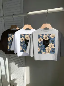 2026 Spring Summer New American Vintage Cat Floral Print Short Sleeve T-Shirt Set, Back Art Design, Loose Fit Shoulder Sleeves, Womenswear