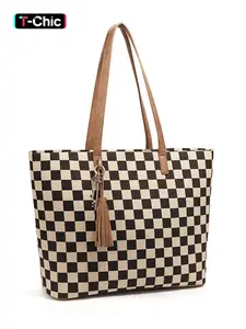Fashion Large Capacity Checkered Crossbody Shoulder Bag with Tassel & Keys, Durable Tote Bags for Women, Trendy Versatile Bag, Laptop Purse, Professional Business Briefcase for Office Lady Computer, Patterned Bag