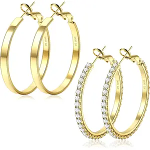 BESTEEL 2 Pairs Big Gold Hoop Earrings for Women 14K Gold Filled Large Rhinestone Hoop Earrings Hypoallergenic 925 Sterling Silver Post Thin Gold Hoops Set Lightweight 30/40/50/60/70mm