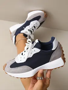 Women's Casual Retro Sport Shoes, Colorblock Design, Student Low Top Flats, Perfect Gift for Her, Round Toe PU Leather Sneakers, Trendy Fashion Sneaker