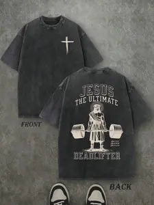 Retro Washed T-Shirt Double Sided Printed (230 Pure Cotton T-Shirt) 'JESUS THE ULTIMATE DEADLIFTER'  Letter Print, Christian Gift, Men's T-Shirt, Men's Casual, Comfortable, Fashionable T-Shirt, Street Style Cotton Menswear Top