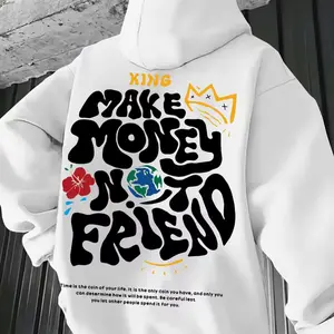 Men's Trendy "Make Money Not Friends" Hoodie TikTok Must-Have Unique Motivational Design with King Crown and Earth Graphic