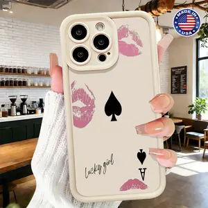 Trendy Lip Print Poker Spade Aesthetic Design Case for iPhone 17 16 15 14 Pro Max 13 12 11 XR XS Plus Air Slim Lightweight Shockproof Anti Drop Protective Durable TPU Cover