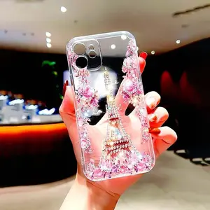 Eiffel Tower Pattern Phone Case, Rhinestone Decor Phone Protective Cover, Phone Accessory Compatible with Smartphone iPhone 11 12 13 14 15 16 Pro Max/Pro/Plus