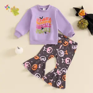 Toddler Girls Halloween Outfits Letter Print Long Sleeve Sweatshirt and Pumpkin Print Flare Pants Set 2 Piece Clothes