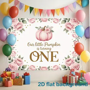 2D flat banner, 1 piece of polyester fiber birthday party background banner, pink pumpkin theme for 1st birthday party, vibrant polyester fabric, easy to install and reuse, suitable for family gatherings, weddings, birthdays, and other occasions