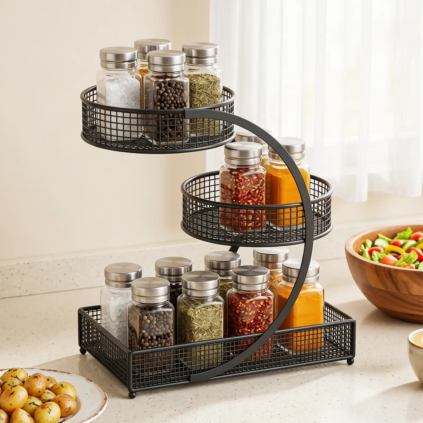 3-Tier Metal Storage Basket Organizer with Curved Support Frame - No-Assembly Home Supplies for Bathroom, Kitchen, Beauty Products, Books, Food & Beverage Storage