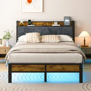 DAYAGO Upholstered Platform Bed Frame with LED Lights & Charging Station Twin/Full/Queen/King Size Storage Headboard Type C & USB Ports Modern Bed with Metal Frame No Box Spring Needed