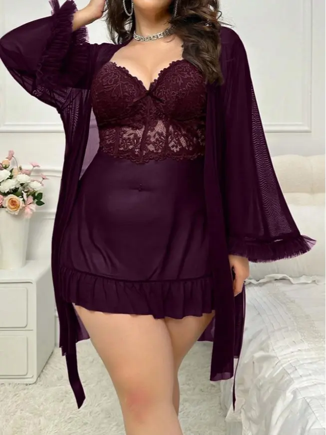 （No built-in bra ）Ladies' Plus Size Lace Sheer Camisole Set Sexy lingerie suspender mesh jumpsuit lace pajama set  solid color elegant sexy comfortable  nightgown+wide sleeveless  nightgown sleepwear home suit set Style Loungewear Womenswear