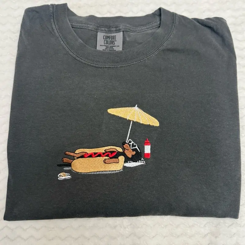 Black and brown dachshund ketchup Hot dog on beach dachshund embroidered summer comfort colors Tshirt / summer dachshund Tshirt / embroidered summer shirt/ oversized tee / summer tee