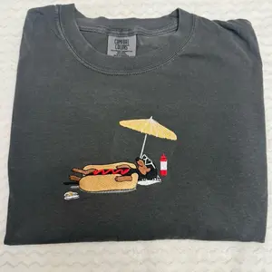 Black and brown dachshund ketchup Hot dog on beach dachshund embroidered summer comfort colors Tshirt / summer dachshund Tshirt / embroidered summer shirt/ oversized tee / summer tee