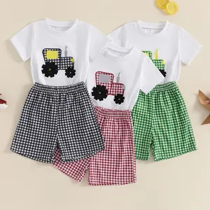 Toddler Baby Boy Summer Outfits Farmer Truck Gingham Boxer Shorts Set Little Kids 2Pcs Clothes 6 12 18 Months 2T 3T 4T