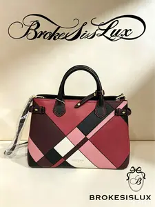 Pre-owned BURBERRY Multi Color Check Leather Tote Bag with Gold Hardware Top Handle Designer Handbag