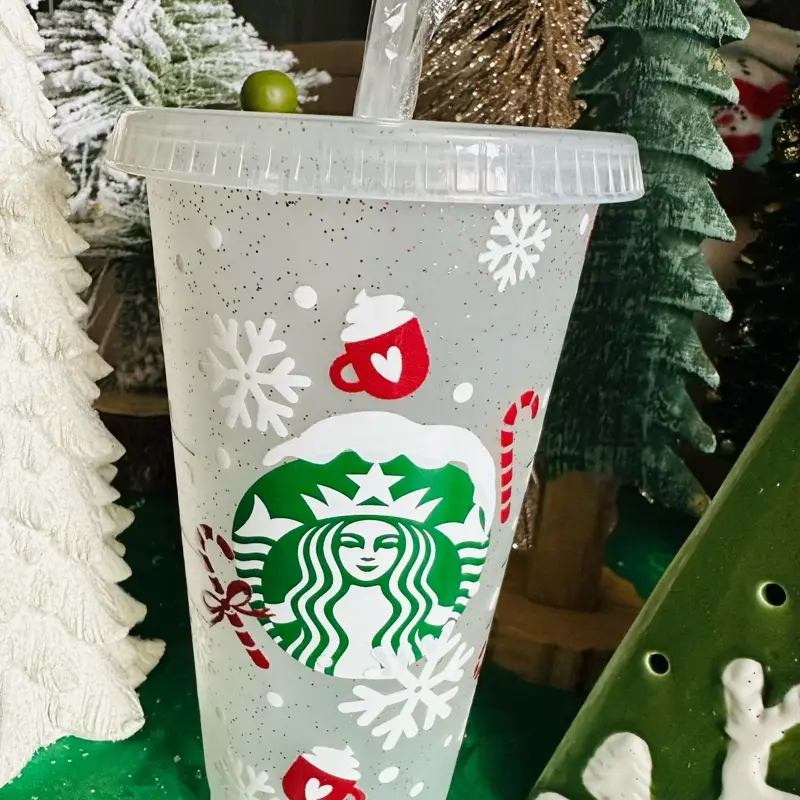 Starbucks Festive 24 oz pladtic ReusableCup - Christmas-Themed Design with Snowflakes & Candy Canes - Perfect Gift for the Season
