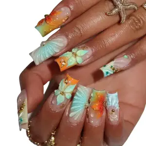 Luxury Long Square Press On Nails - 3D Hibiscus Flower & Seashell Designs, Y2K Whimsical Sunset Mismatched Beach Art, Tropical Ocean Decor for Nail Art
