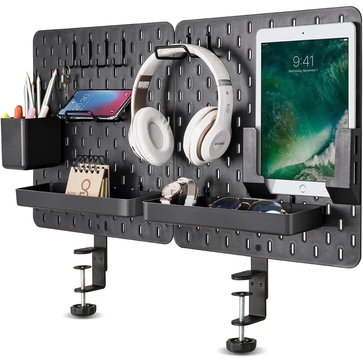 Clamp-On Desk Pegboard, 2Pack (Combined Size 27 x 14 inch)  Divider, Desk Partition Panel, No-Drill Desk Mounted Peg Board Organizer for Office, Gaming, , Black