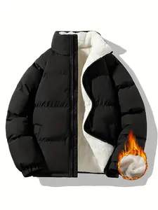 Men's Solid Color Zip Up Pocket Design Plush Lined Quilted Jacket, Thick Thermal Warm Regular Fit Casual Long Sleeve Stand Collar Outerwear for Fall & Winter, Men's Clothes for Daily Wear