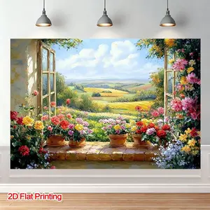 2D Flat, 1pc 2D Flat Print French Window Nature View Oil Painting Photography Background, Polyester Fabric, Easy to Hang, Suitable for Room Decoration, Garden, Bedroom, Ideal for Birthday Festiva