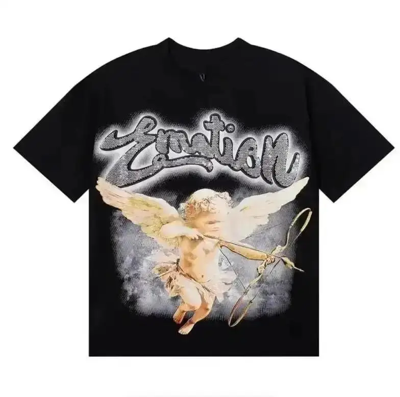 Vintage Cherub Angel Rhinestone‑Style Graphic Unisex Cotton Crew Neck Tee, Oversized Edgy Short‑Sleeve Top, Trendy Y2K Aesthetic Streetwear, Daily Outfit for Angel Art Lovers Men Women Teens