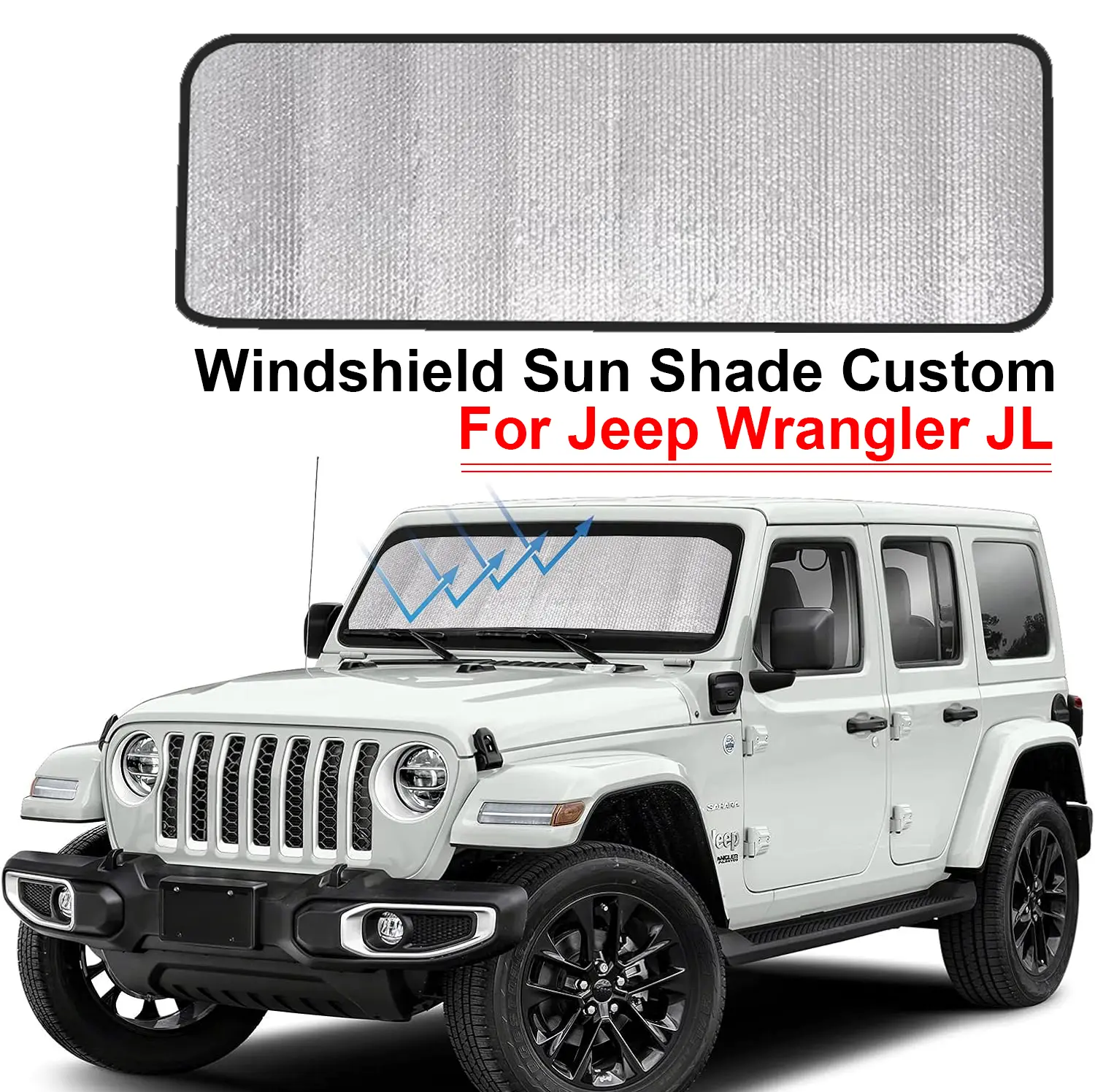 Double Bubble Car Sun Shade Front Window for Jeep Wrangler JL/JLU/Gladiator 2018-2024, Foldable Reflective Aluminum Foil, 99% UV Rays Block, Folds Easily, Compact Storage, Suction Mount, All-Season Automotive Accessory