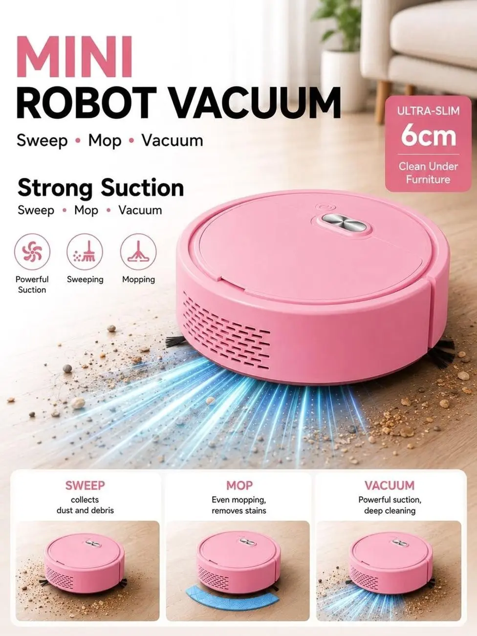 Mini Robot Vacuum Cleaner, USB Rechargeable Automatic Sweeping Robot for Hard Floors, Cordless Low Noise Floor Sweeper for Home Office Pet Hair