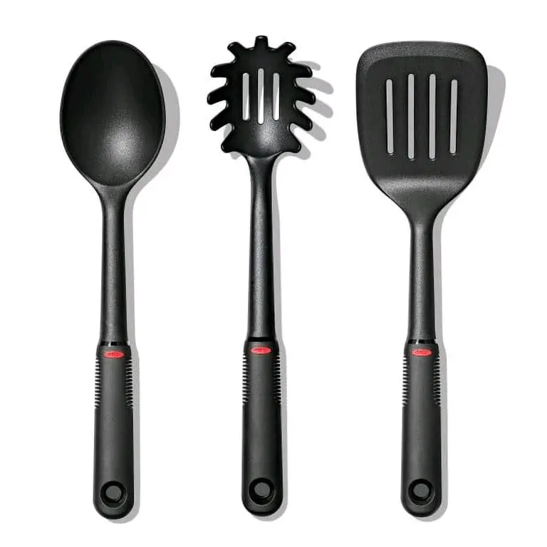 Black 3-Piece Nylon Utensil Set - Spoon, Spaghetti Server, Slotted Turner