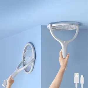 Rotating head electric fly swatter, indoor insect killer for rackets, USB charging, with telescopic rod (white)