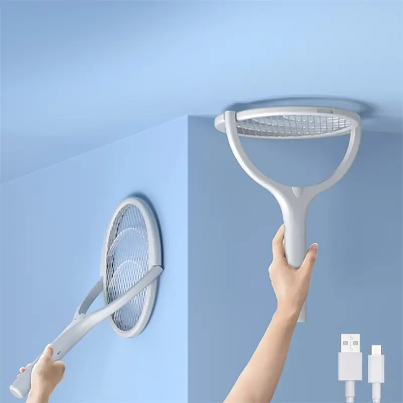 Rotating head electric fly swatter, indoor insect killer for rackets, USB charging, with telescopic rod (white)