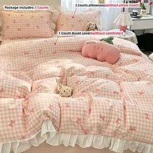 3pcs Pink and blue Plaid Bow bedding Set,1Pc Duvet cover+2Pcs Pillowcases (without comforter and pillow insert) 100g Polyester, Single Twin Double Queen Size, All Seasons Use