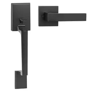 Front Door Handle Set With Square Entry Lever, No Lock, Adjustable Hole Spacing, Zinc Alloy Die-Casting, Reversible For Right Or Left Handed Doors, Exterior Front Door Hardware, Matte Black Finish