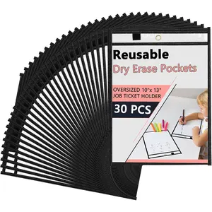 30 Packs  Dry Erase Pockets  Sleeves 10x13 Job Ticket Holders, Clear Plastic Dry Erase Pouches Heavy Duty Sheet Protectors for Teacher School Classroom Office Supplies, Black