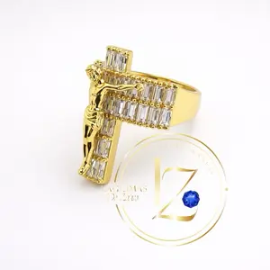 Jesus Christ Ring with Cross Gold-Tone Design Featuring Crucified Figure & Zircon Style Accents Symbolic Jewelry for Faith
