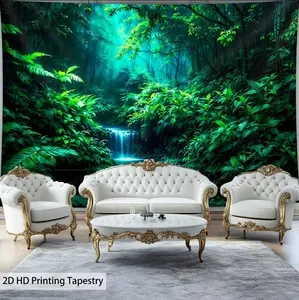 2D Green rainforest plant and stream high-definition aesthetic printed tapestry, polyester fabric wall hanging, suitable for birthday gifts, party decorations, and for living rooms, bedroom, and dormitories. collection print moon pattern chic
