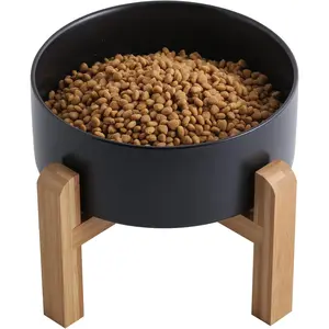 Black Elevated/Raised Dog Bowl Ceramic with Wood Stand for Medium Large Breed,Dog Food Water Dish Heavy Weighted,8 in Non Slip Modern Cute Porcelain Pet Bowl Extra Large