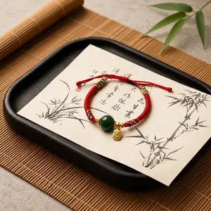 Jade Fortune Bead Bracelet with “Fu” Character Charm – Red String Adjustable Lucky Bracelet | Natural Healing Jade for Protection & Wealth | Yuora