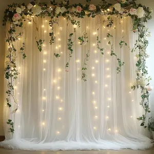 10x10ft White Tulle Backdrop Curtain with String Lights, Wrinkle-Free Sheer Wedding Backdrop for Birthday Parties,  Showers, Bridal Showers, Photo Shoots and  Decorations, White