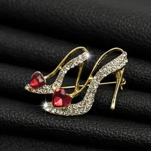High Heels Shoes Brooch Crystal Red Enamel Sandals Brooches Corsage Clips for Suit Scarf Dress Women Girls Jewelry Pins Broach