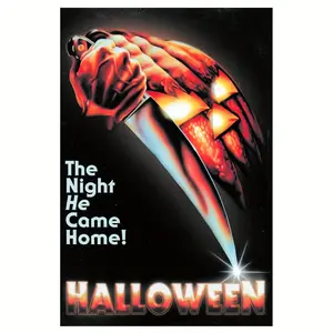 1pc Halloween Horror Movie Vintage Canvas Wall Art - Frameless 12x18in, "The Night He Came Home!" Retro Poster with Glowing Red Hand & Sparkling Blood Detail, Ideal for Living Room, for Man Cave, Bedroom, Bathroom Decor, Halloween Decorations