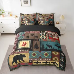 Rustic Cabin Comforter Set 7 Pieces Lodge Bear Moose Deer Bedding Set for Kids Boys Girls Southwestern Country Farmhouse Animal Bed in a Bag Brown Patchwork Plaid Bedroom Decor Quilted