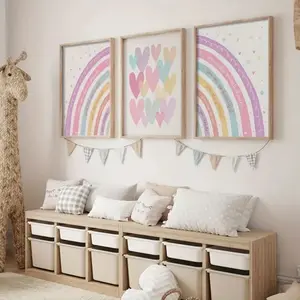 3 Pieces Cartoon Heart Sun Rainbow Art Prints, Nordic Childlike Wall Mural, Happy Innocent Home Art, Cute Gallery Decor, Bright Tone Painting, Wall Decor for Kids Room and Playroom, Framed or Unframed Options Available.
