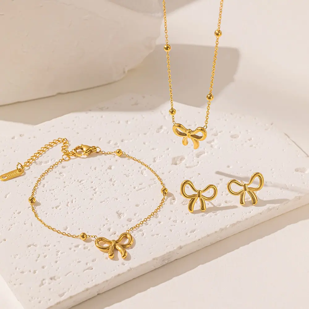 Women's 3-Piece Elegant Jewelry Set - Stainless Steel, Golden-Colored Fashion Bow Necklace, Bracelet, Titanium Earrings, Accessories Set, Gold Necklace And Earring Set