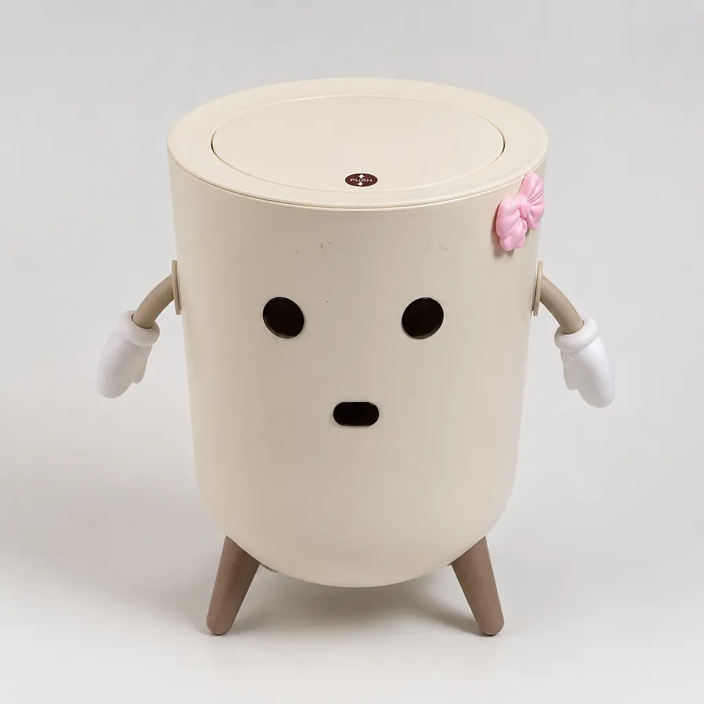 Cream Cute Cartoon Press-Lid Trash Can with Wooden Tripod Legs - Smooth, Waterproof, Durable, Kids Safe Daily Waste Bin for Girls' Bedroom Vanity Decor & Storage