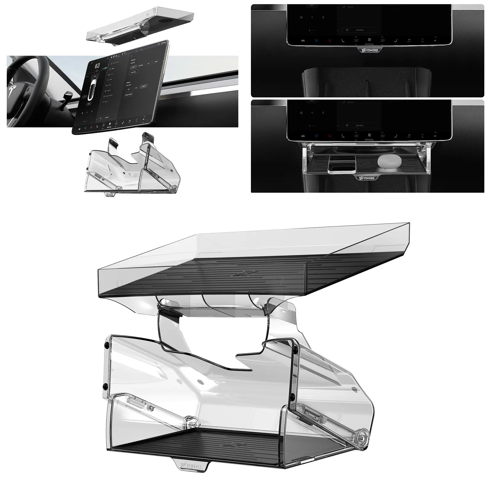 YONZEE Hidden Under Screen Storage for Tesla Model 3/Y with Clear Behind Screen Storage Dashboard Organizer Tray