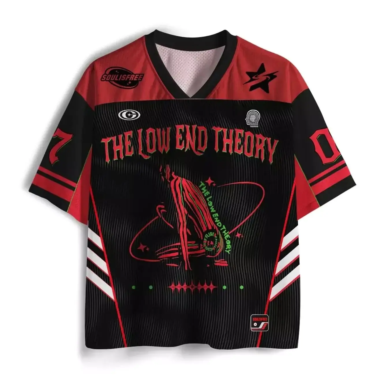 The Low End Theory Mesh Jersey, Retro Graphic Sports Shirt, Urban Streetwear Mesh Top, Vintage Music Inspired Design, Y2K Oversized Breathable Unisex Jersey, Trendy Casual Summer Shirt for Men & Women 46H