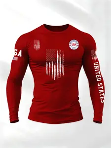 Men's Regular Fit Long Sleeve Round Neck T-Shirt, American Flag Badge Letter Print, Comfortable Casual Classic Wear, Spring & Fall Fashion