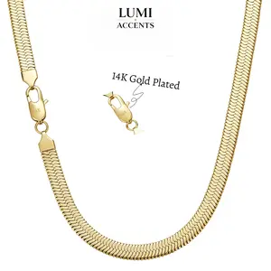 14K Gold Plated Flat Snake Bone Chain Titanium Steel Necklace Herringbone Dainty Choker for Women Men Multiple Lengths Luxury Simple Clavicle