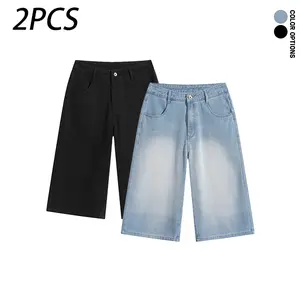 Pack of 2 men’s summer denim shorts—three-quarter length—with a vintage washed distressed design and pockets; can be worn with a belt; loose fit for everyday casual wear and sports.